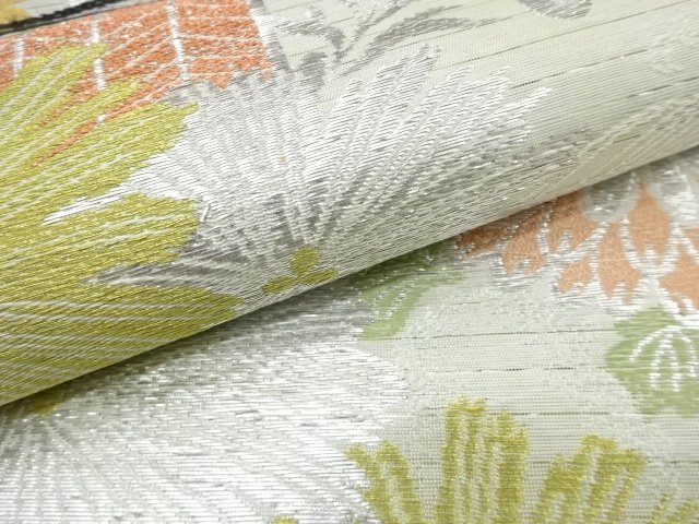  アンティーク　絽　橋に菊・秋草模様織り出し丸帯（材料）